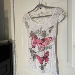 BONGO White Short-Sleeve Lace-Back Tee with Pink Butterfly Graphic